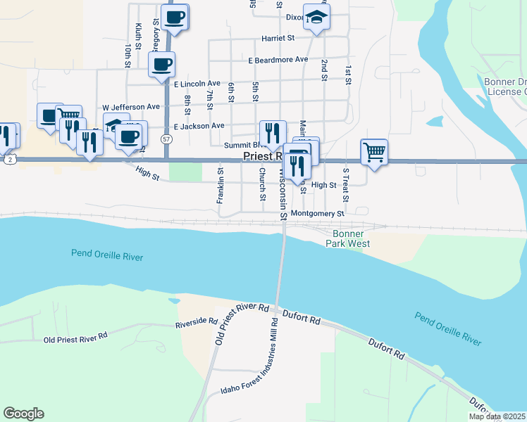 map of restaurants, bars, coffee shops, grocery stores, and more near 132 Church Street in Priest River