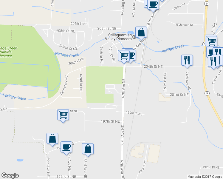 map of restaurants, bars, coffee shops, grocery stores, and more near 20102 67th Avenue Northeast in Arlington