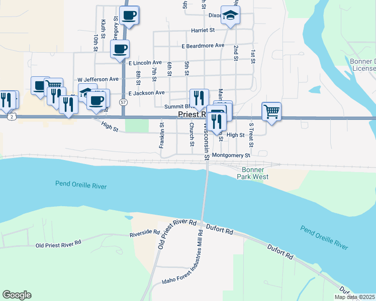 map of restaurants, bars, coffee shops, grocery stores, and more near 132 Church Street in Priest River