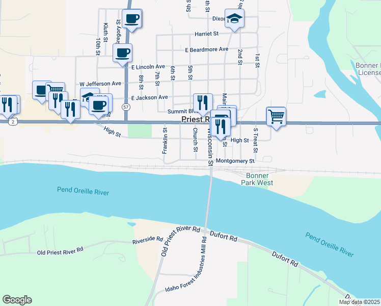 map of restaurants, bars, coffee shops, grocery stores, and more near 132 Church Street in Priest River