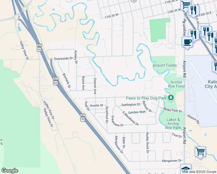 map of restaurants, bars, coffee shops, grocery stores, and more near 123 Rimrock Court in Kalispell