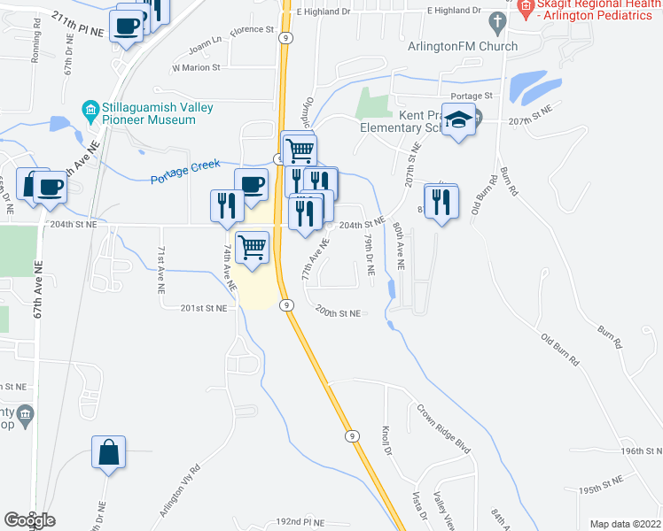 map of restaurants, bars, coffee shops, grocery stores, and more near 20227 77th Avenue Northeast in Arlington