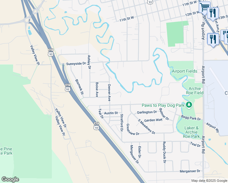 map of restaurants, bars, coffee shops, grocery stores, and more near 107 Denver Avenue in Kalispell