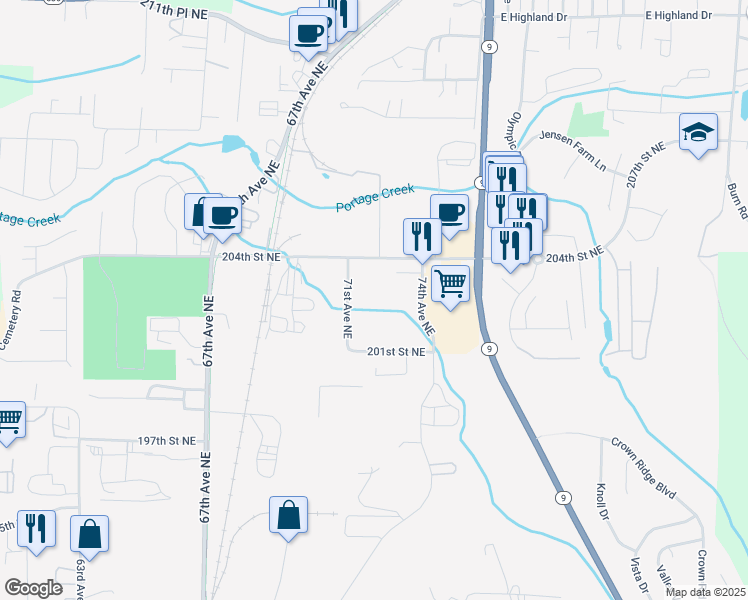 map of restaurants, bars, coffee shops, grocery stores, and more near 20325 71st Avenue Northeast in Arlington