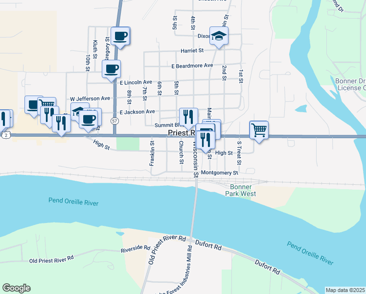 map of restaurants, bars, coffee shops, grocery stores, and more near in Priest River
