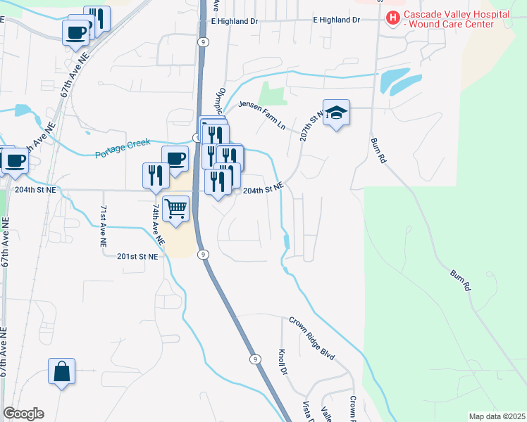 map of restaurants, bars, coffee shops, grocery stores, and more near 20300 79th Drive Northeast in Arlington