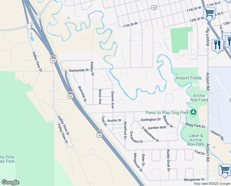 map of restaurants, bars, coffee shops, grocery stores, and more near 107 Denver Avenue in Kalispell