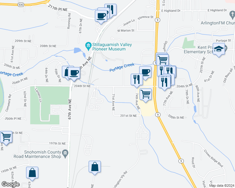 map of restaurants, bars, coffee shops, grocery stores, and more near 20311 71st Avenue Northeast in Arlington