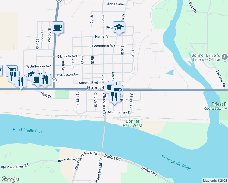 map of restaurants, bars, coffee shops, grocery stores, and more near 119 Main Street in Priest River