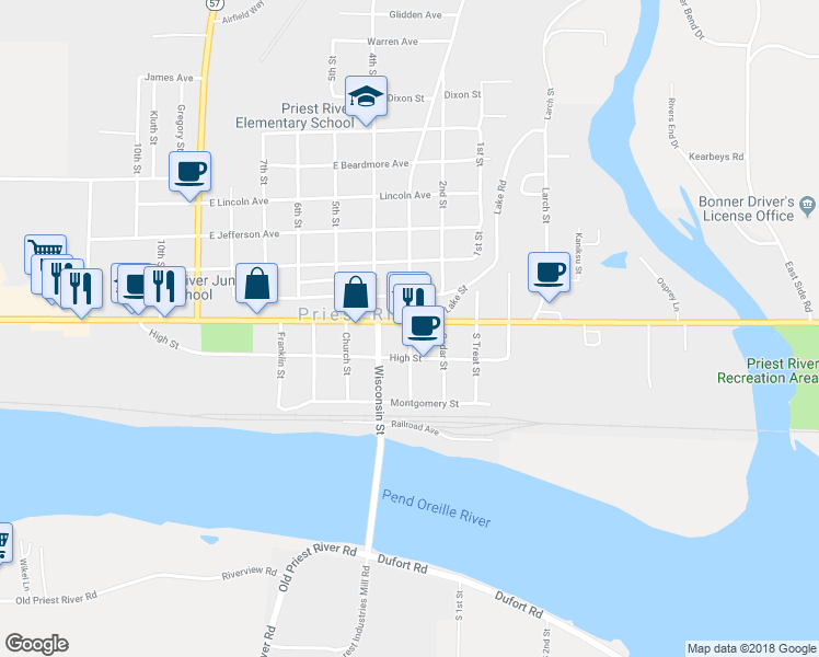 map of restaurants, bars, coffee shops, grocery stores, and more near 119 Main Street in Priest River