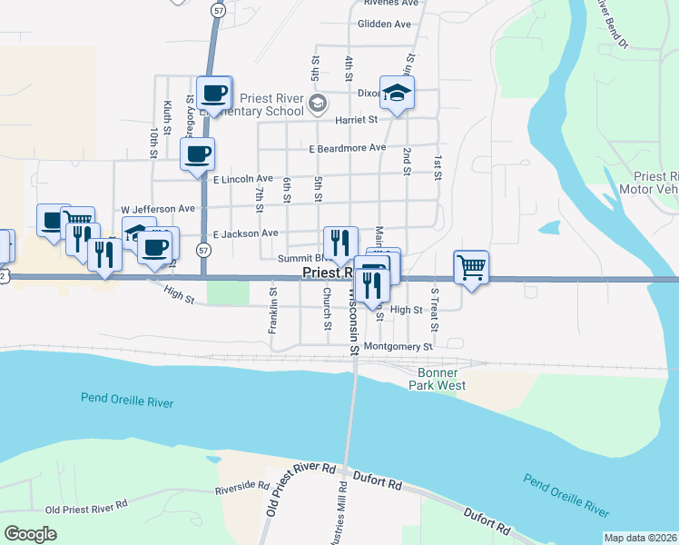 map of restaurants, bars, coffee shops, grocery stores, and more near in Priest River