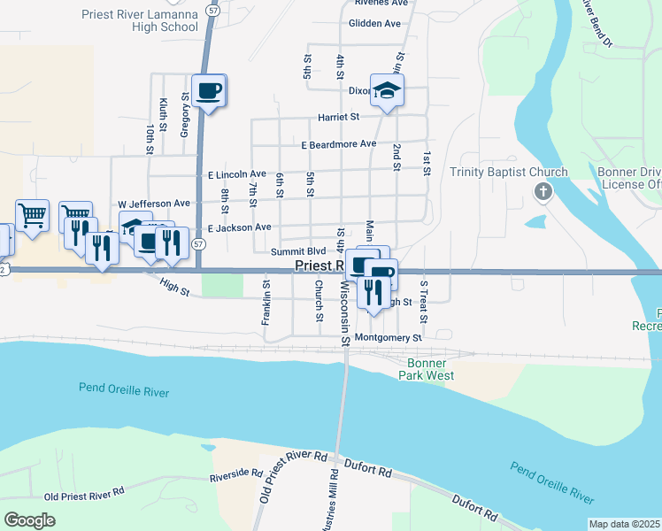 map of restaurants, bars, coffee shops, grocery stores, and more near in Priest River