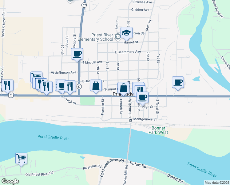 map of restaurants, bars, coffee shops, grocery stores, and more near 201 Summit Boulevard in Priest River