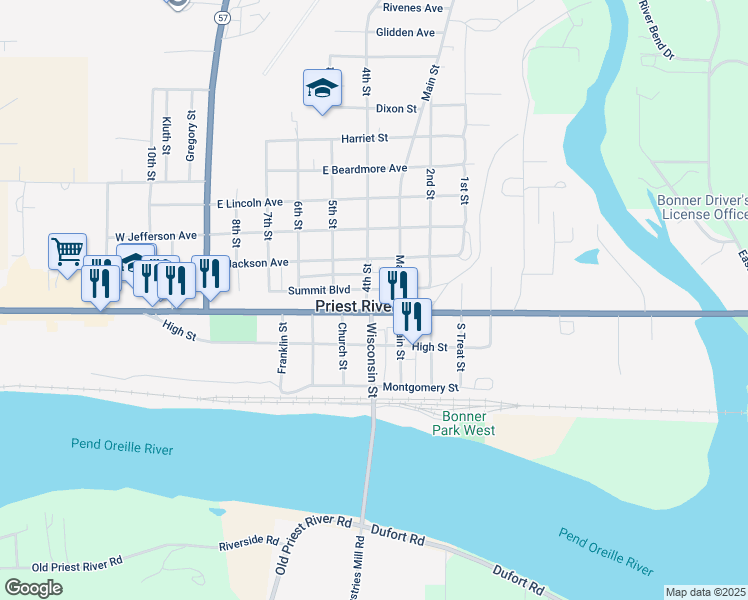 map of restaurants, bars, coffee shops, grocery stores, and more near 69 4th Street in Priest River