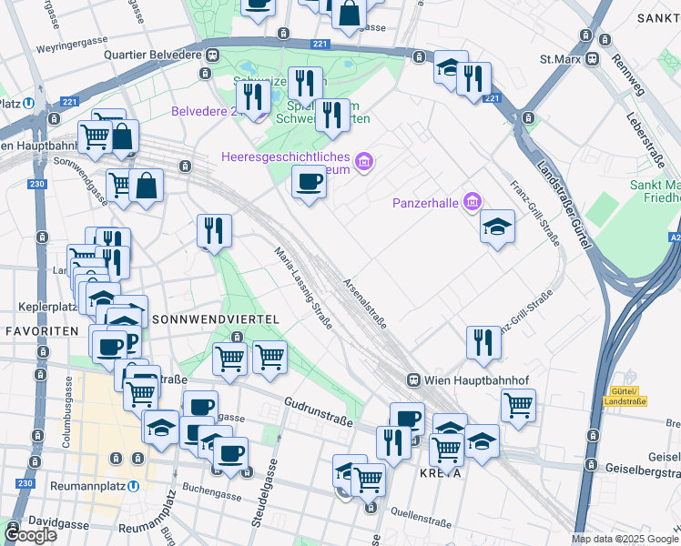 map of restaurants, bars, coffee shops, grocery stores, and more near Arsenalstraße in Wien