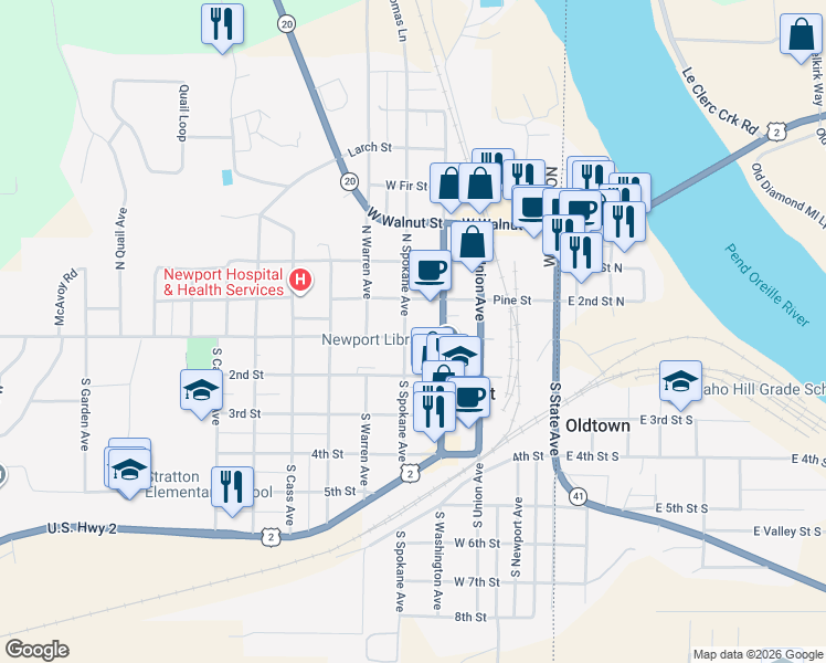 map of restaurants, bars, coffee shops, grocery stores, and more near 100 North Spokane Avenue in Newport