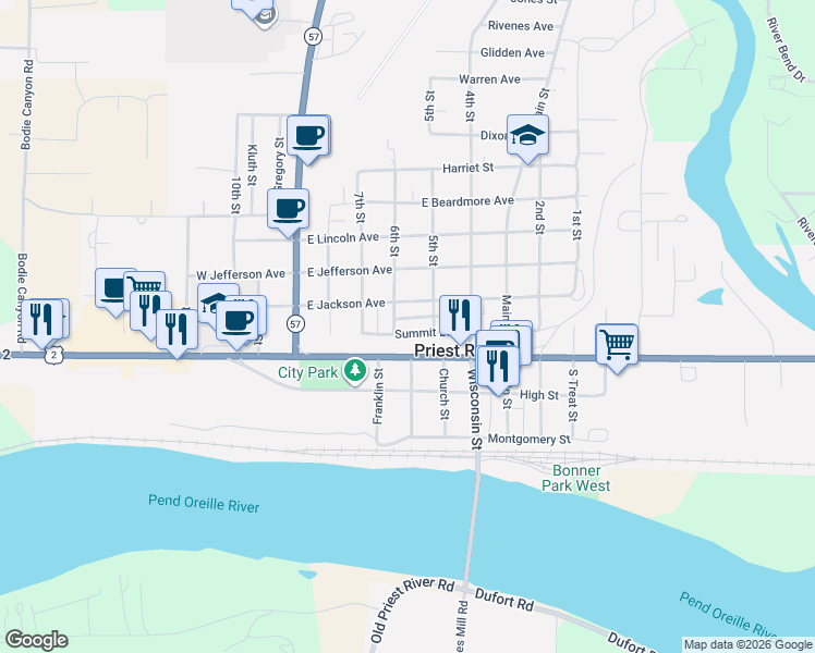 map of restaurants, bars, coffee shops, grocery stores, and more near 201 Summit Boulevard in Priest River