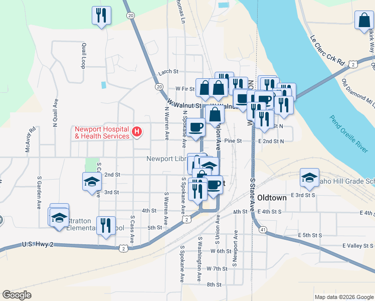 map of restaurants, bars, coffee shops, grocery stores, and more near 110 North Spokane Avenue in Newport