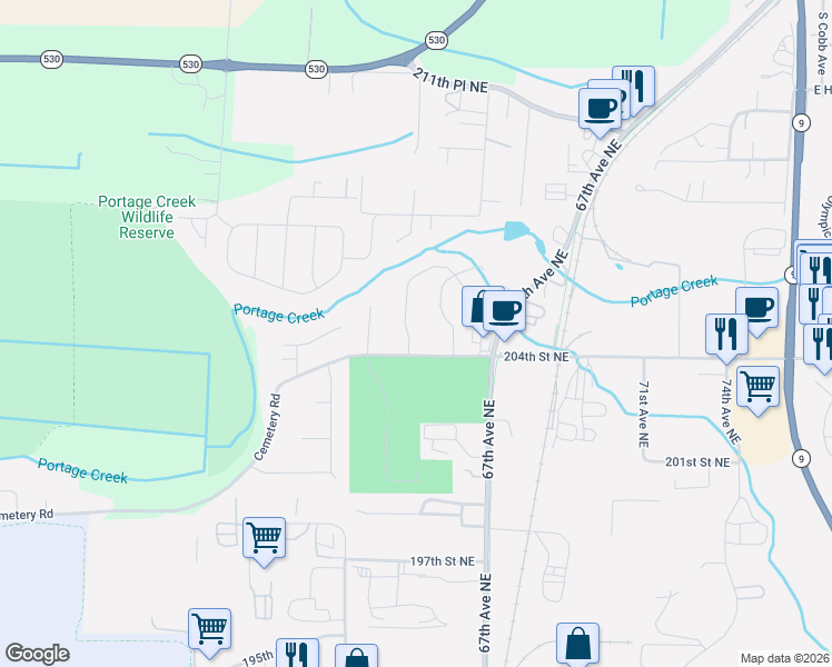map of restaurants, bars, coffee shops, grocery stores, and more near 20421 64th Drive Northeast in Arlington