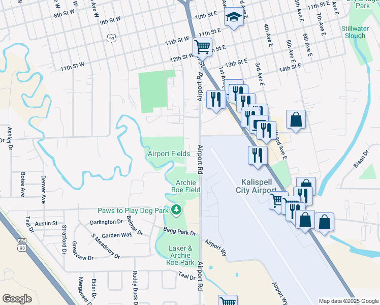 map of restaurants, bars, coffee shops, grocery stores, and more near 1828 Airport Road in Kalispell