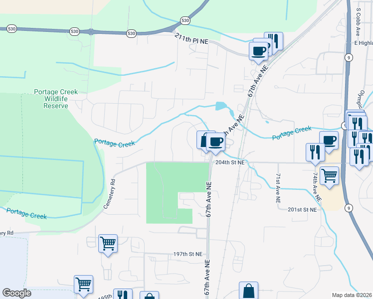 map of restaurants, bars, coffee shops, grocery stores, and more near 20426 65th Drive Northeast in Arlington