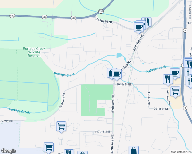map of restaurants, bars, coffee shops, grocery stores, and more near 20421 64th Drive Northeast in Arlington