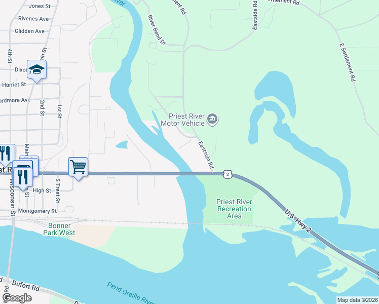 map of restaurants, bars, coffee shops, grocery stores, and more near 102 Riverside Road in Priest River