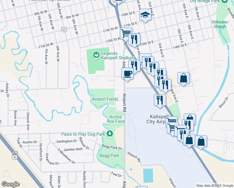 map of restaurants, bars, coffee shops, grocery stores, and more near 1828 Airport Road in Kalispell