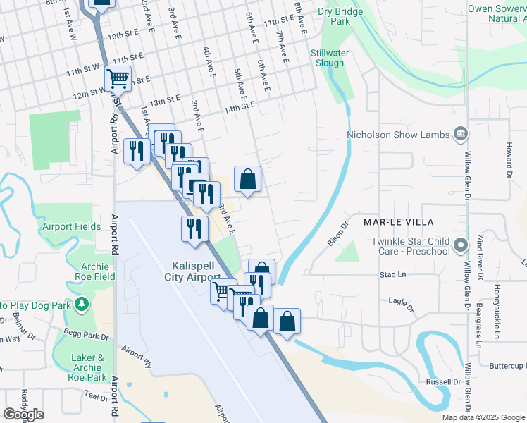 map of restaurants, bars, coffee shops, grocery stores, and more near 1908 5th Avenue East in Kalispell