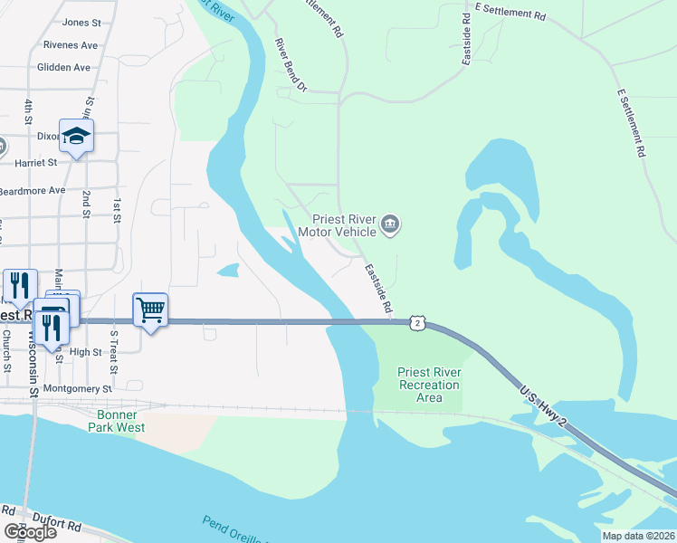 map of restaurants, bars, coffee shops, grocery stores, and more near 102 Riverside Road in Priest River