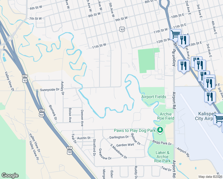 map of restaurants, bars, coffee shops, grocery stores, and more near 530 Sunnyside Dr in Kalispell