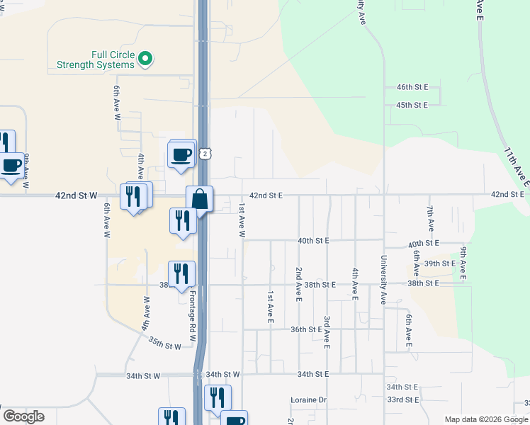map of restaurants, bars, coffee shops, grocery stores, and more near 10 42nd Street East in Williston