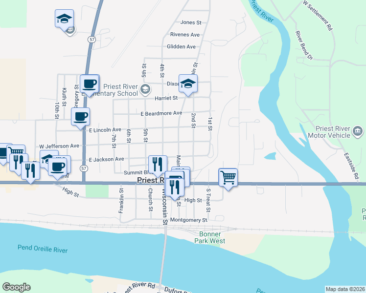 map of restaurants, bars, coffee shops, grocery stores, and more near 400 East Jefferson Avenue in Priest River