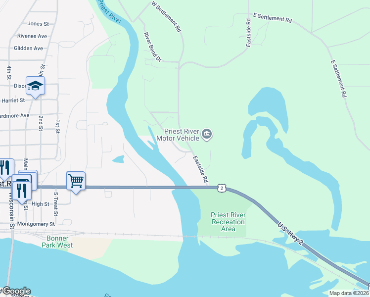 map of restaurants, bars, coffee shops, grocery stores, and more near 35 Rivers End Drive in Priest River