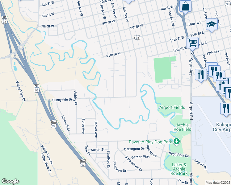 map of restaurants, bars, coffee shops, grocery stores, and more near 1545 7th Avenue West in Kalispell