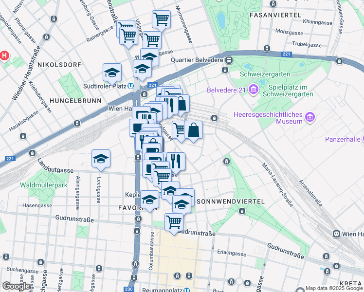 map of restaurants, bars, coffee shops, grocery stores, and more near 13-15 Sonnwendgasse in Wien