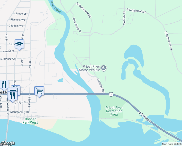 map of restaurants, bars, coffee shops, grocery stores, and more near 35 Rivers End Drive in Priest River