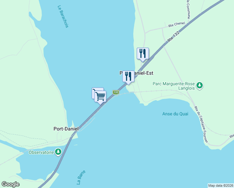 map of restaurants, bars, coffee shops, grocery stores, and more near 541 Québec 132 in Port-Daniel