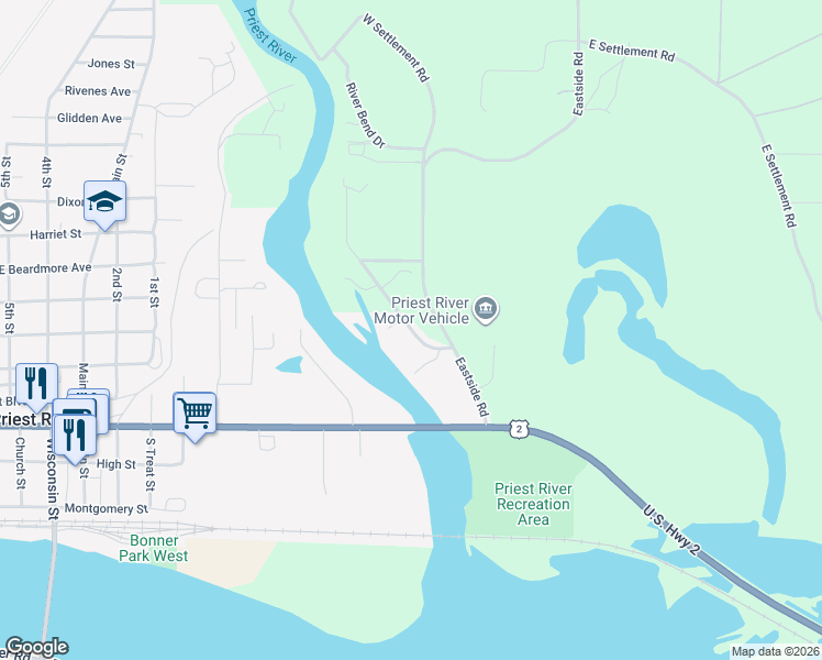 map of restaurants, bars, coffee shops, grocery stores, and more near 81 Rivers End Drive in Priest River