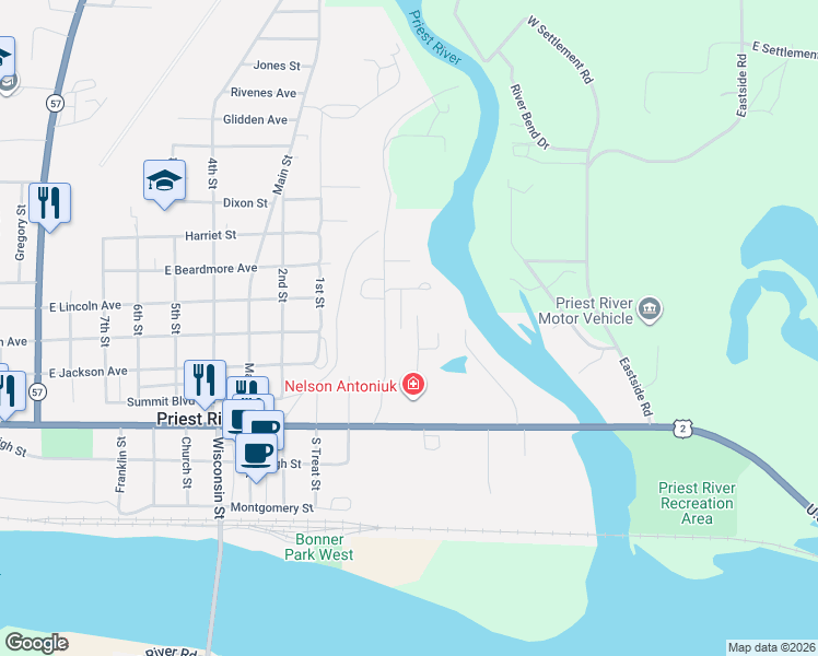 map of restaurants, bars, coffee shops, grocery stores, and more near 116 Kaniksu Street in Priest River