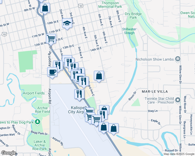 map of restaurants, bars, coffee shops, grocery stores, and more near 100 Birchwood Court in Kalispell