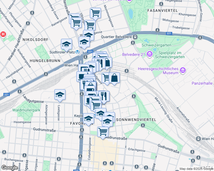 map of restaurants, bars, coffee shops, grocery stores, and more near 13-15 Sonnwendgasse in Wien