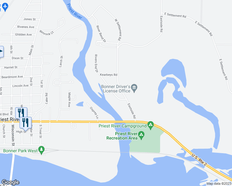 map of restaurants, bars, coffee shops, grocery stores, and more near 81 Rivers End Drive in Priest River