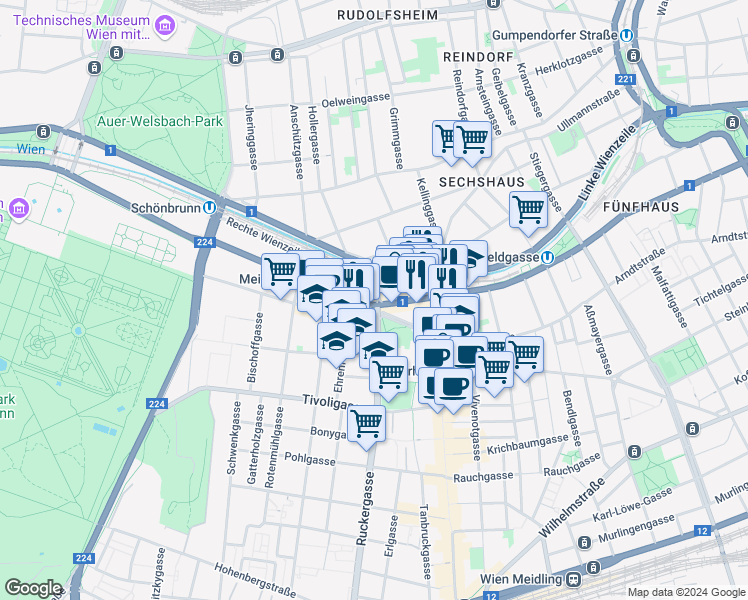 map of restaurants, bars, coffee shops, grocery stores, and more near 230 Schönbrunner Straße in Wien
