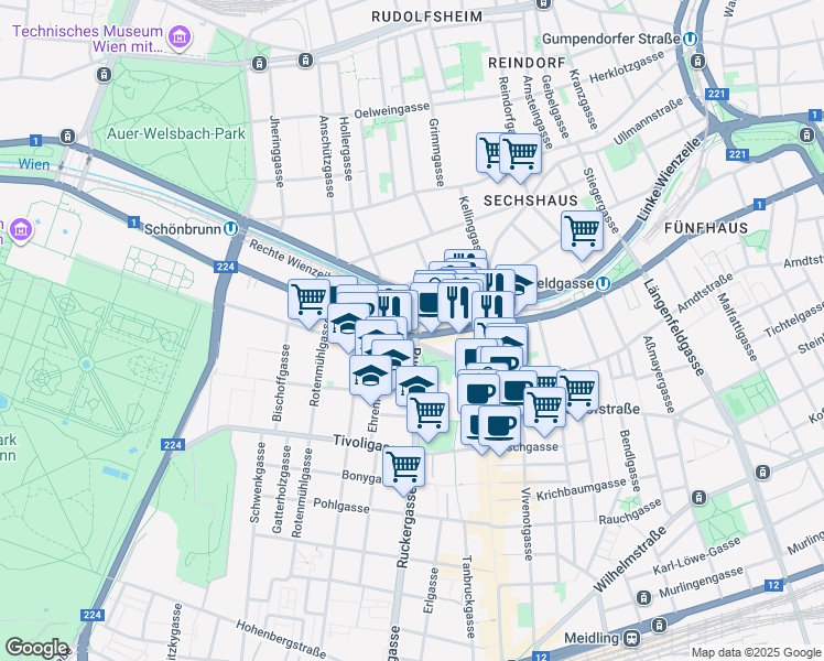 map of restaurants, bars, coffee shops, grocery stores, and more near 230 Schönbrunner Straße in Wien