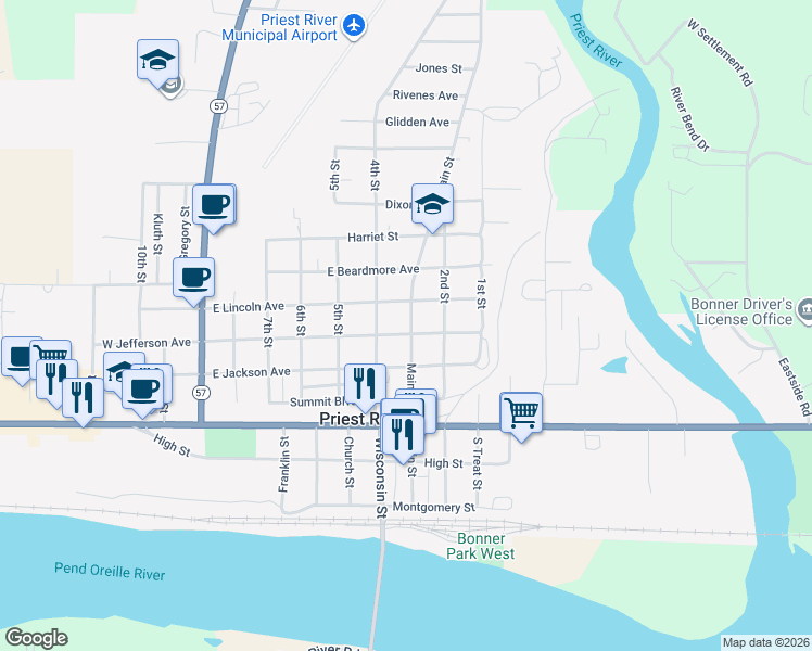 map of restaurants, bars, coffee shops, grocery stores, and more near 400 East Jefferson Avenue in Priest River