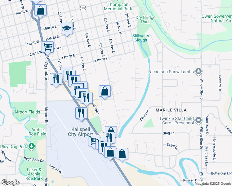 map of restaurants, bars, coffee shops, grocery stores, and more near 1713 5th Avenue East in Kalispell