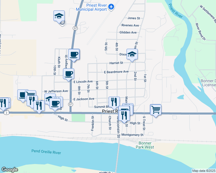 map of restaurants, bars, coffee shops, grocery stores, and more near 255 East Jefferson Avenue in Priest River