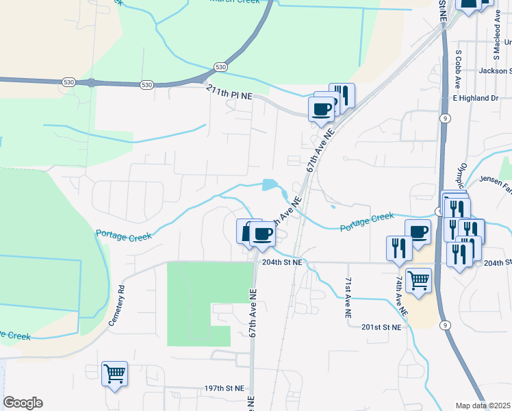 map of restaurants, bars, coffee shops, grocery stores, and more near 6625 206th Place Northeast in Arlington