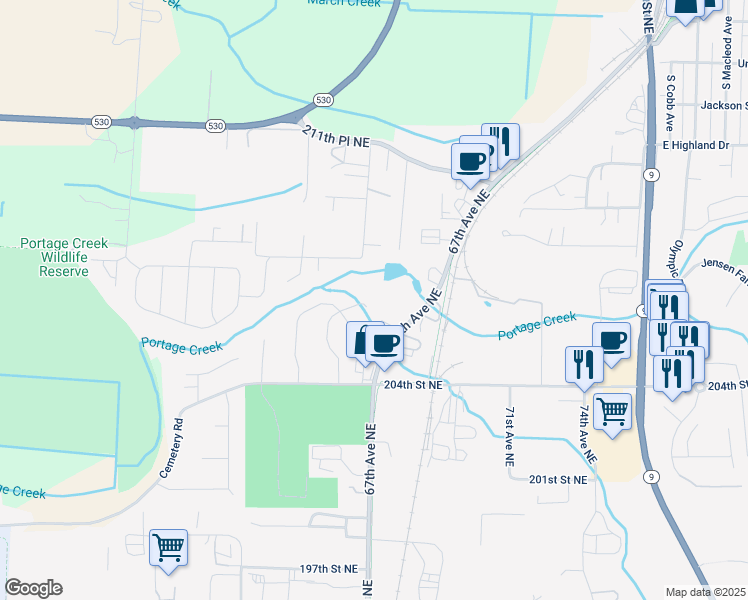 map of restaurants, bars, coffee shops, grocery stores, and more near 6625 206th Place Northeast in Arlington